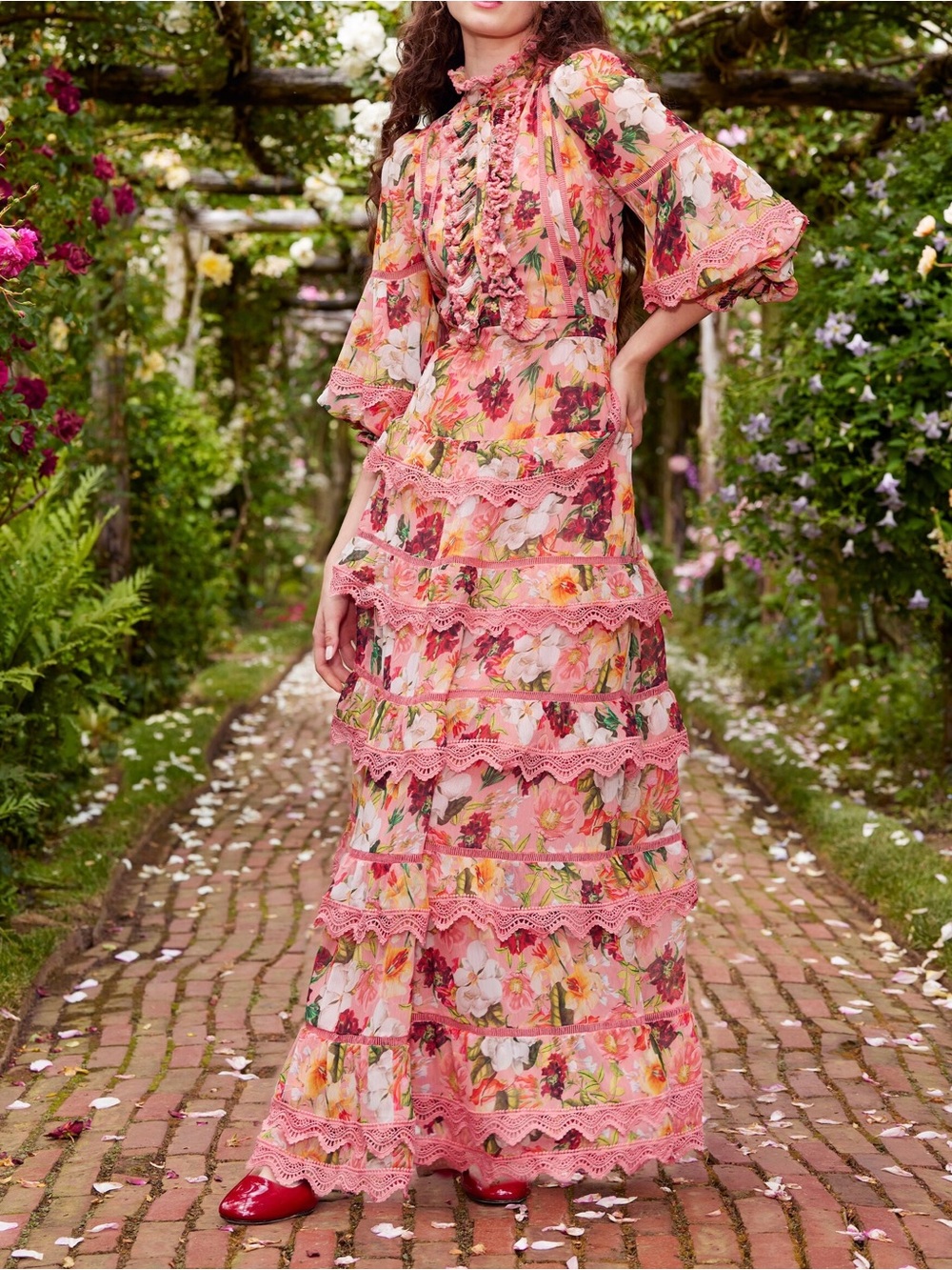 alice + olivia | Brooke High Neck Maxi Dress in Juniper Floral Rose print